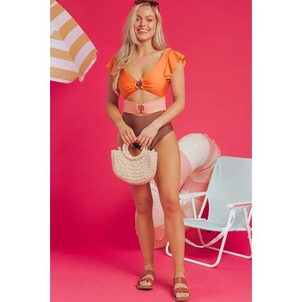 Orange Ruffle Sleeve Tricolor Cutout Front Ring One Piece Swimsuit