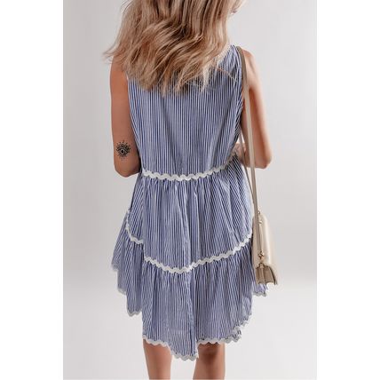 Blue Stripe Sleeveless Notched V Neck Contrast Ric Rac Mini Dress