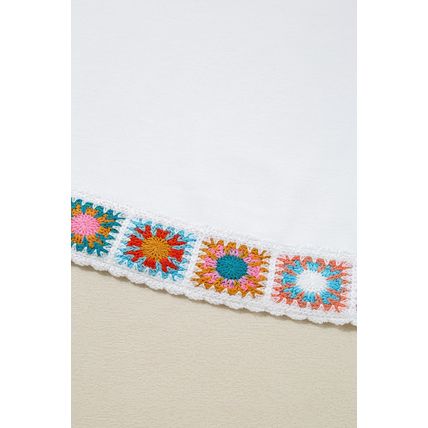 White Floral Crochet Patched Ruffled Sleeve Crewneck Blouse