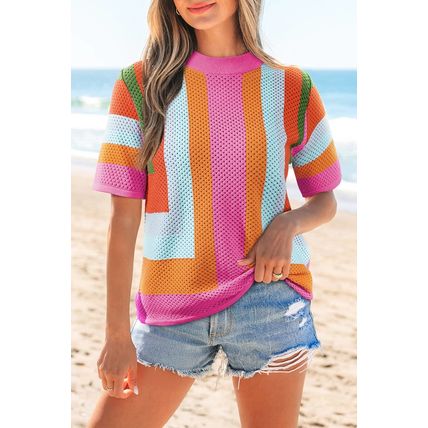 Orange Color Block Eyelet Casual Sweater T Shirt