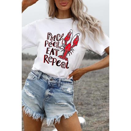 White Pinch Peel Eat Repeat Crawfish Print Crew Neck Tee