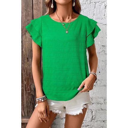 Dark Green Textured Ruffled Sleeve Round Neck Top