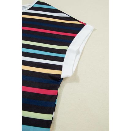 Black Stripe Multicolor Contrast Edge Crew Neck T Shirt