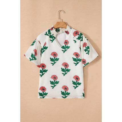 Beige Floral Print Shirred Split Neck Short Sleeve Blouse