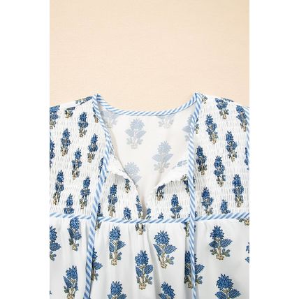 Sky Blue Floral Puff Sleeve Tied Neck Pocketed Mini Dress