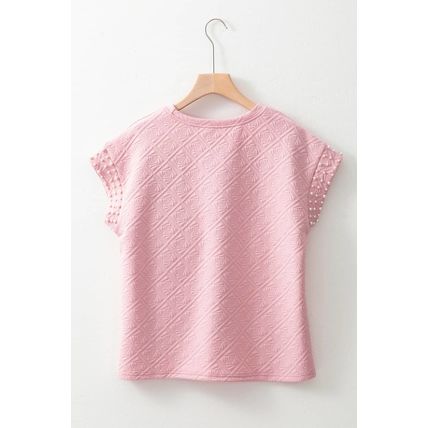Light Pink Pearl Embellished Flower Textured T Shirt