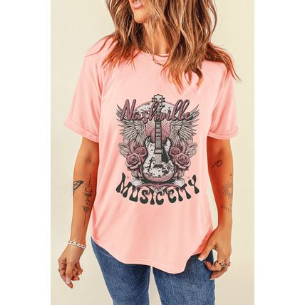 Pink Nashville MUSIC CITY Guitar Graphic Crewneck Tee