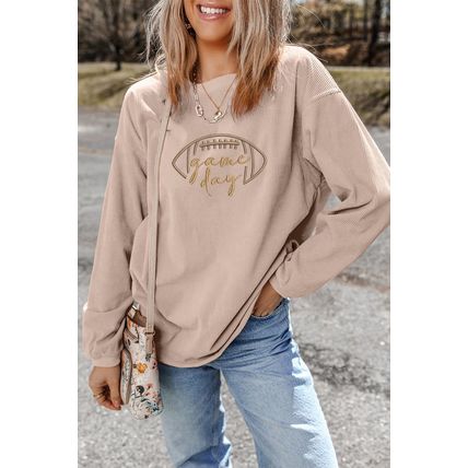 Apricot Rugby Game Day Embroidered Corduroy Sweatshirt