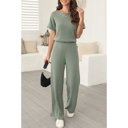 Laurel Green Ribbed Keyhole Short Sleeve Wide Leg Jumpsuit