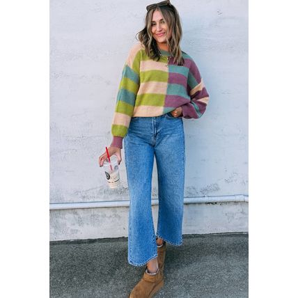Green Stripe Drop Shoulder Ribbed Edge Casual Sweater