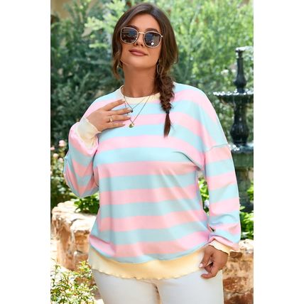Sky Blue Stripe Drop Shoulder Crewneck Plus Size Sweatshirt