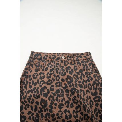 Brown Leopard Denim Frayed Split Denim Midi Skirt