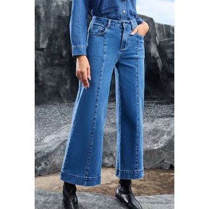 Dark Blue Plain Seam Detail Flared Bottom Ankle Length Jeans
