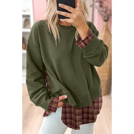 Moss Green Vintage Plaid Patchwork Drop Shoulder Sweatshirt