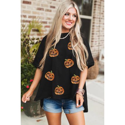 Black Sequin Jack-o-lantern Pattern Halloween Casual Tee