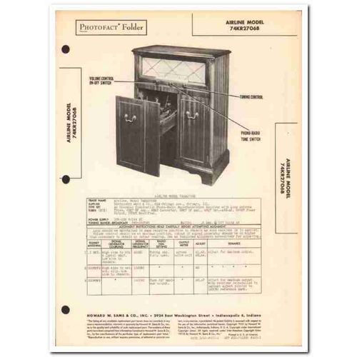 airline model 74kr2706b 6-tube am radio phono sams photofact manual