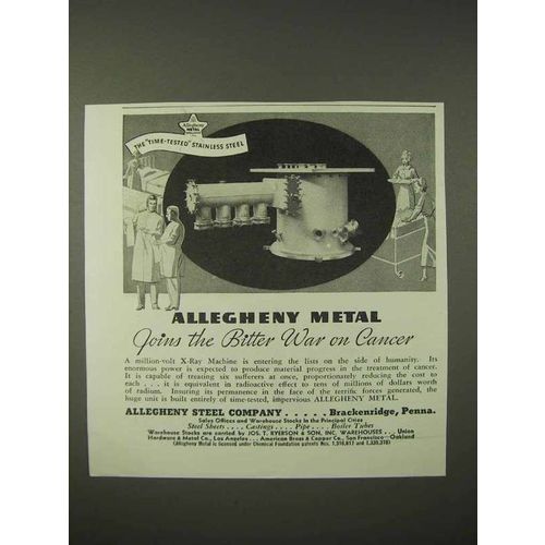 1935 Allegheny Steel Ad - Joins Bitter War on Cancer