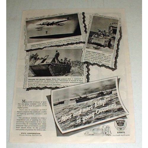1944 WWII Ethyl Gasoline Ad w/ Bombers, Tank