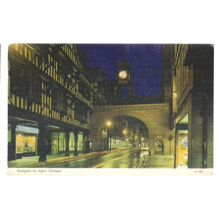 EASTGATE AT NIGHT, CHESTER, CHESHIRE. used postcard by Dennis 1980 pm =