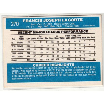 1982 Donruss baseball card 270 Frank LaCorte