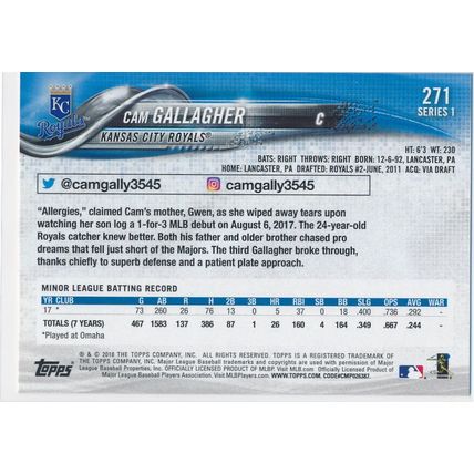 2018 Topps Baseball Base 271 Cam Gallagher RC Kansas City Royals