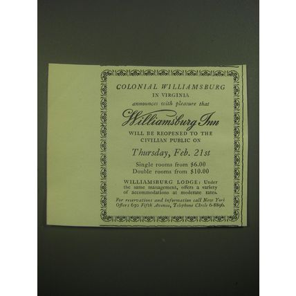 1946 Williamsburg Inn Ad - Announces with Pleasure