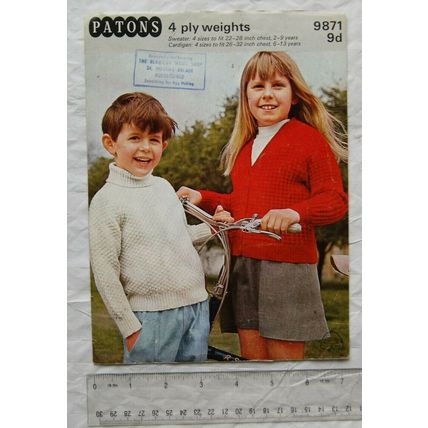 Vintage: Patons 9871 boys & girls polo neck sweater & V neck cardigan, 4 ply