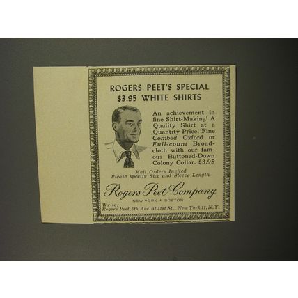1953 Rogers Peet White Shirts Ad - Rogers Peet's Special $3.95 White Shirts