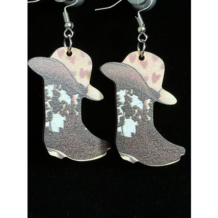Earrings Heart Hat Western Cowboy Boots Wooden #703