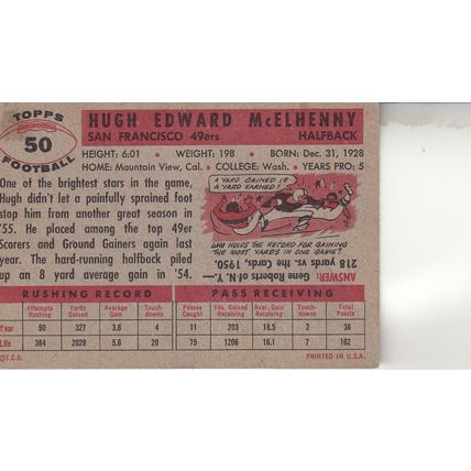 HUGH McELHENNY 1955 AUTOGRAPHED SAN FRANCISCO 49ERS HALL OF FAME HALFBACK CARD