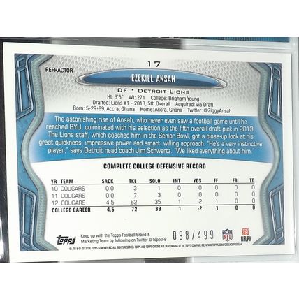 2013 Topps Chrome EZEKIEL ANSAH (Lions) Purple Refractor Rookie Card #17 98/499