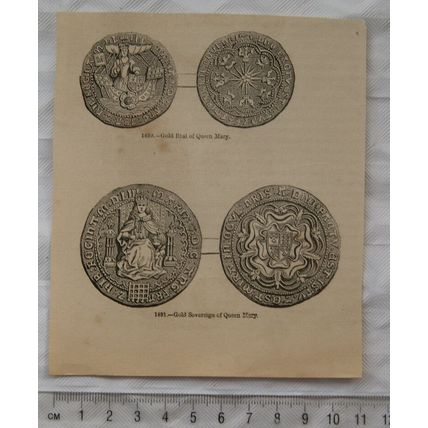 1860s engraving - Gold Rial & Sovereign of Queen Mary