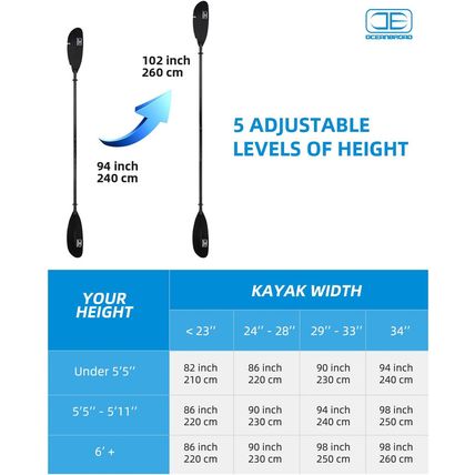 OCEANBROAD Adjustable Fishing Kayak Paddle - 94In/240Cm-98In/250Cm-102In/260Cm A