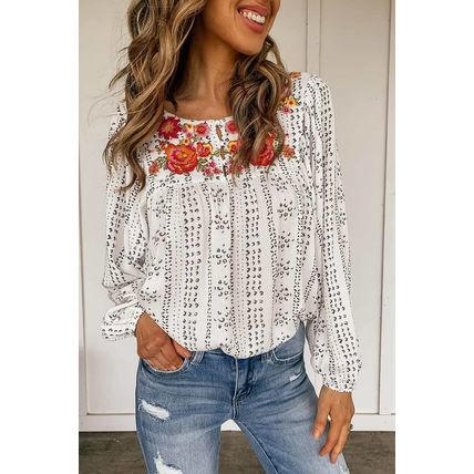 Beige Long Sleeve Embroidered Print Blouse
