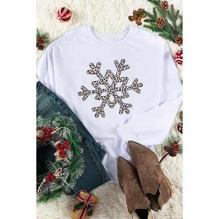 White Leopard Snowflake Pullover Sweatshirt
