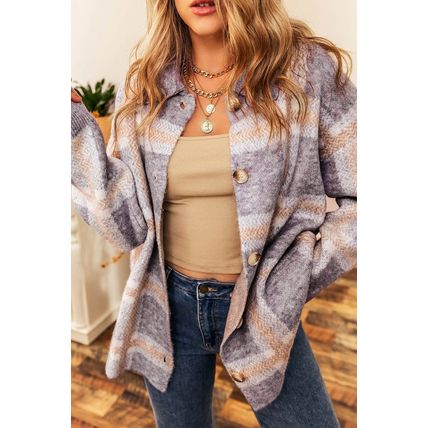 Sky Blue Fuzzy Plaid Collared Button Up Cardigan