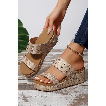 Camel Rivet Double Straps Wedge Slippers