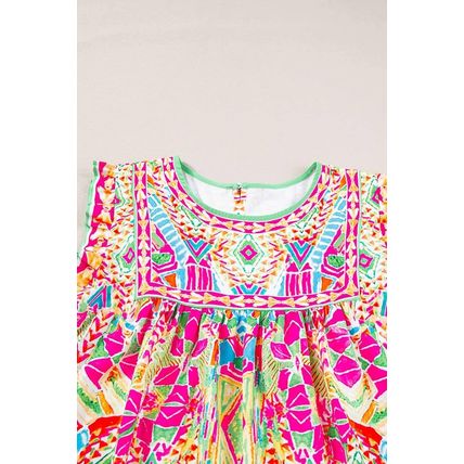 Orange Geometric Print Ruffled Trim Tank Top