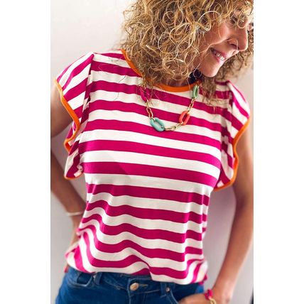 Rose Red Striped Ruffle Sleeve Crew Neck Blouse
