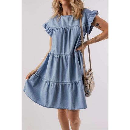 Beau Blue Ruffle Short Sleeve Tiered A-line Denim Dress