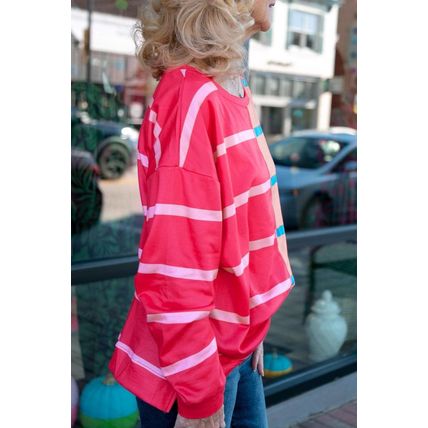 Rose Stripe Color Block Crewneck Long Sleeve Plus Size T Shirt