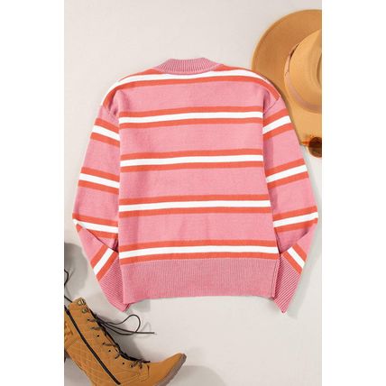 Pink Stripe Drop Shoulder Buttons Cardigan Sweater