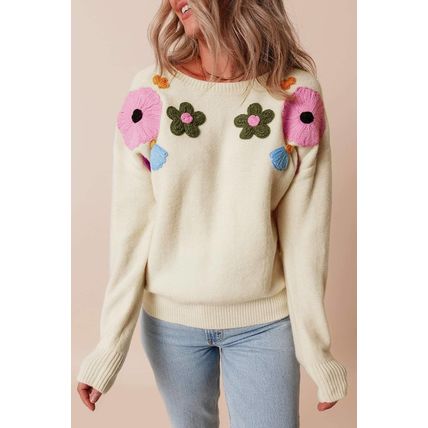 Beige Knitted Flower Pattern Ribbed Edge Sweater