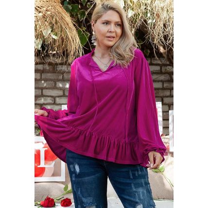 Bright Pink Plus Size Ruffled Sleeve V Neck Velvet Blouse