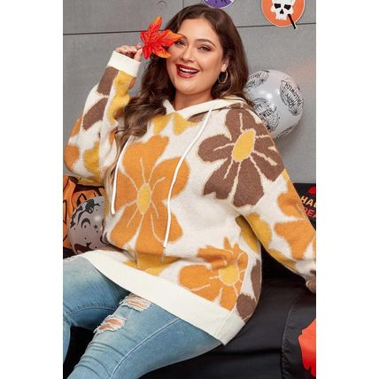 White Large Flower Knitted Drawstring Hooded Plus Size Sweater