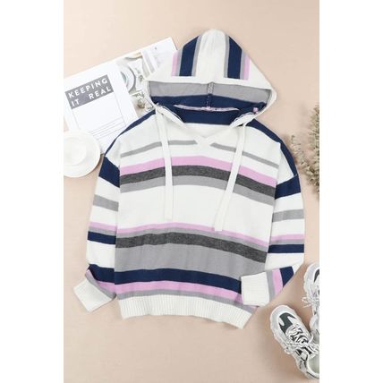 Plus Size Striped Hooded Knit Sweater