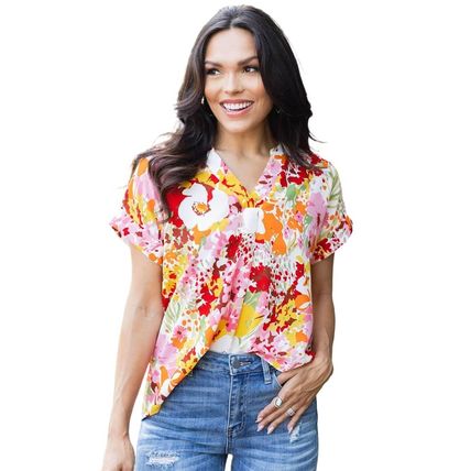 White Boho Floral Print V Neck Short Sleeves Top