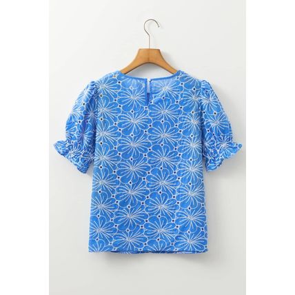 Sky Blue Eyelet Flower Embroidery Frilled Short Puff Sleeve Blouse