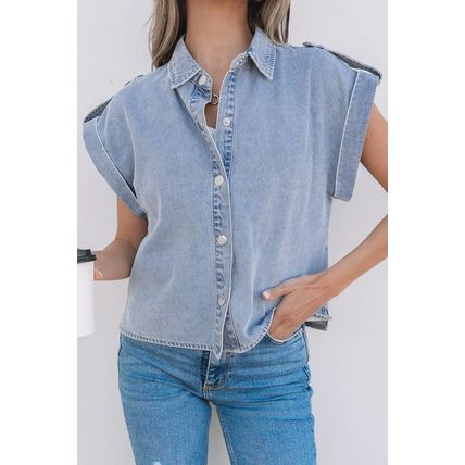 Dusk Blue Denim Pinup Folded Cap Sleeve Shirt