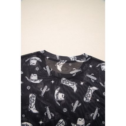 Black Western Pattern Mesh Sheer Crew Neck T Shirt